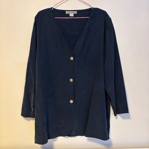 Worlds Apart Silk V Neck Button Up Long Sleeve Blouse Navy Blue Womens Size L